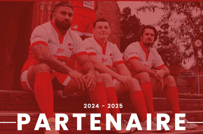 Joueurs de rugby (BALMA) posant fièrement en tenue officielle pour la saison 2024-2025 avec le mot PARTENAIRE en avant-plan