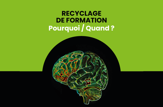 Illustration d’un cerveau en couleur sur fond noir et vert avec le texte Recyclage de formation : Pourquoi / Quand