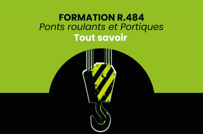 Visuel stylisé d’un crochet de pont roulant avec le texte Formation R.484 – Ponts roulants et Portiques – Tout savoir