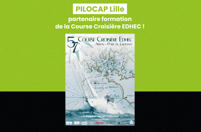 Affiche de la 57e Course Croisière EDHEC avec une carte maritime et un voilier, accompagnée du message PILOCAP Lille partenaire formation