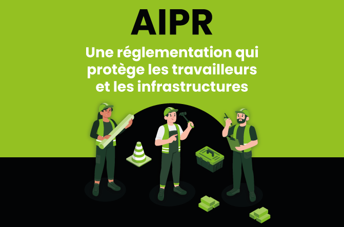 Illustration de trois ouvriers en tenue de chantier avec des outils, représentant la réglementation AIPR qui protège les travailleurs et les infrastructures