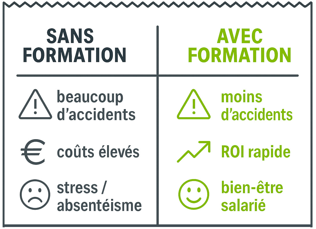 Tableau comparatif des impacts avec et sans formation en entreprise : accidents, coûts, bien-être et retour sur investissement.