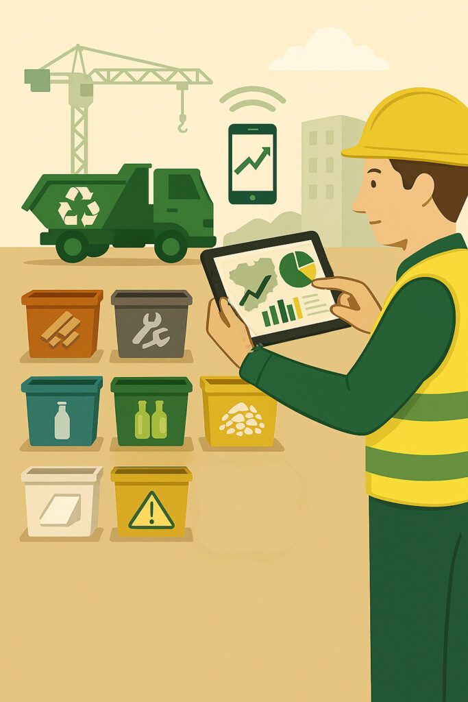 Ouvrier du BTP utilisant une tablette pour suivre la gestion des déchets sur un chantier, devant 7 bennes de tri distinctes pour la valorisation des déchets (bois, métaux, plastiques, verre, plâtre, fractions minérales, déchets dangereux).