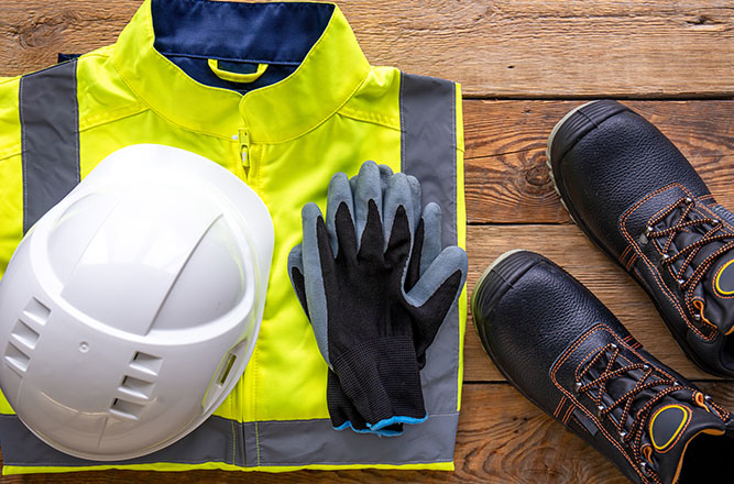 Ensemble d’EPI comprenant un casque de sécurité, des gants, un gilet haute visibilité et des chaussures de sécurité posés sur un sol en bois