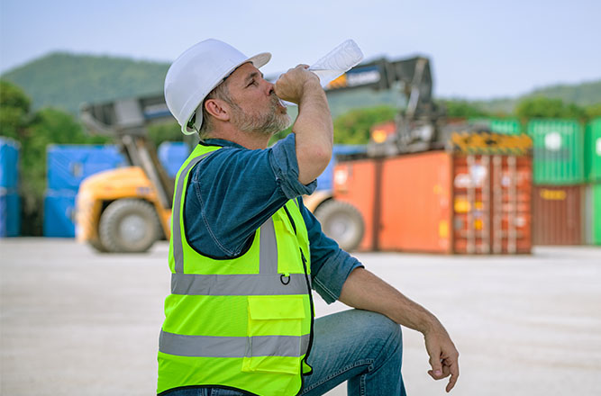 "Ouvrier en gilet haute visibilité buvant de l’eau sur un chantier exposé au soleil pour se protéger du stress thermique et des fortes chaleurs