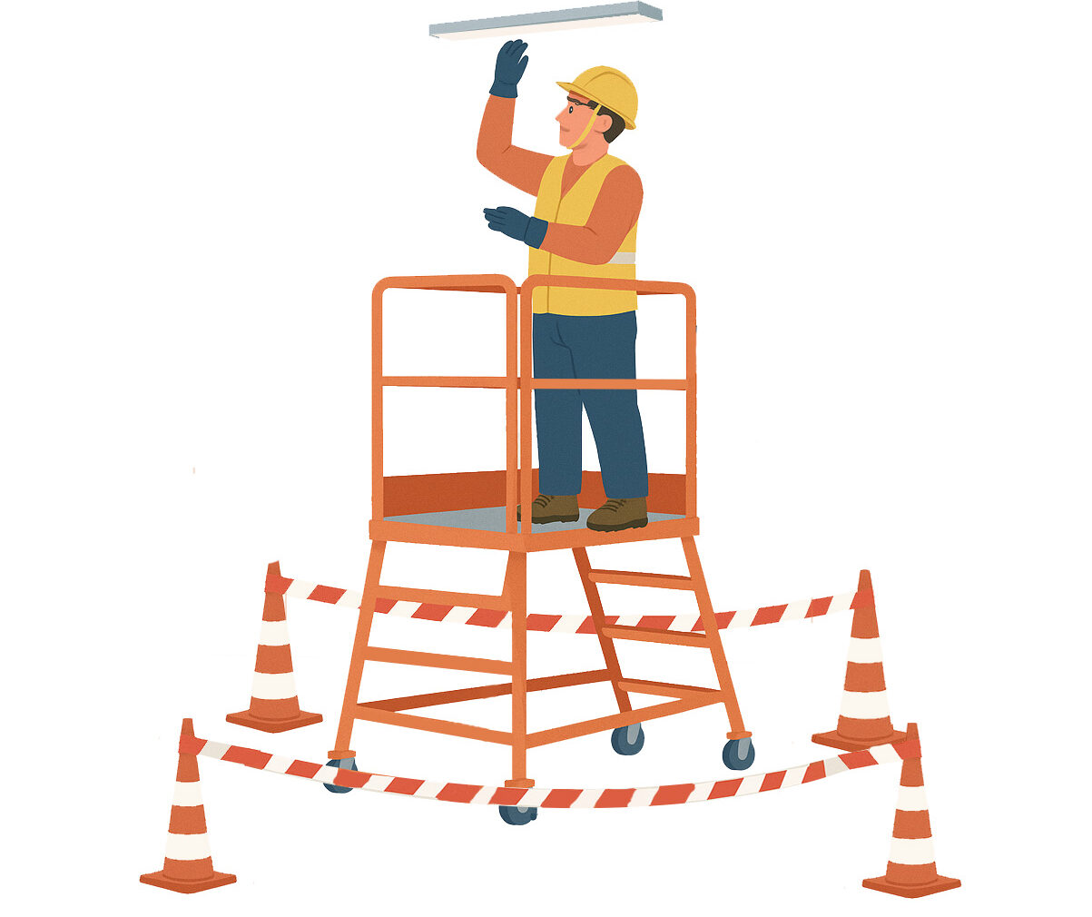Ouvrier sur plateforme roulante remplaçant un néon avec casque, gants, gilet, cônes et rubalise de sécurité.