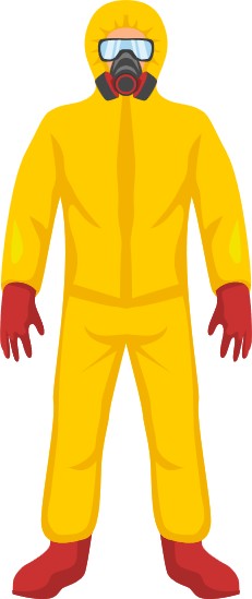 Combinaison de protection chimique jaune avec masque, gants et bottes rouges.