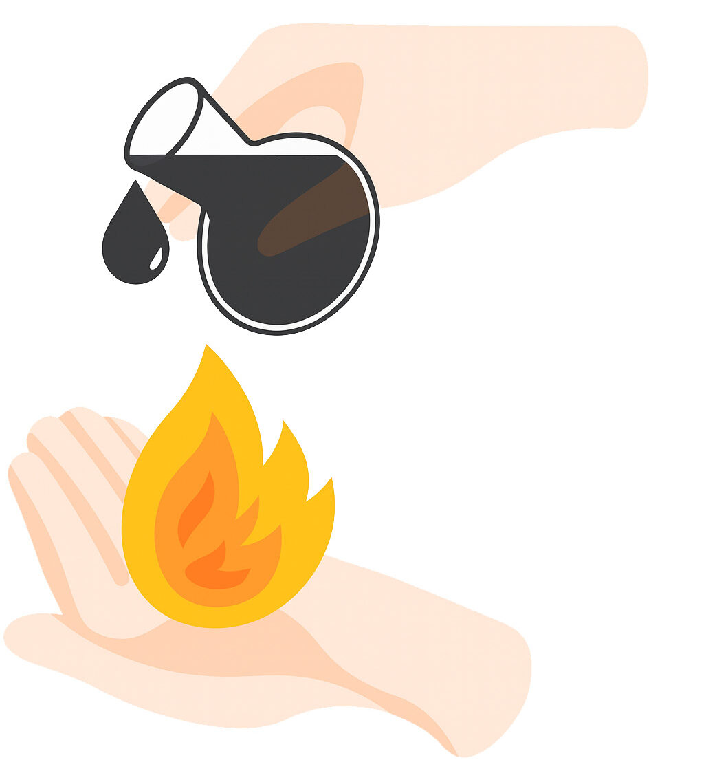 Brûlure chimique sur la main, versement d’un liquide dangereux et flamme.