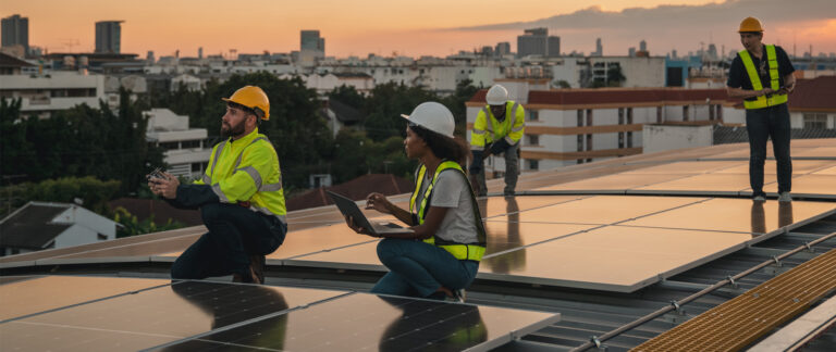 Techniciens habilités BR-PV et BP effectuant la maintenance de panneaux photovoltaïques sur un toit en ville au coucher du soleil
