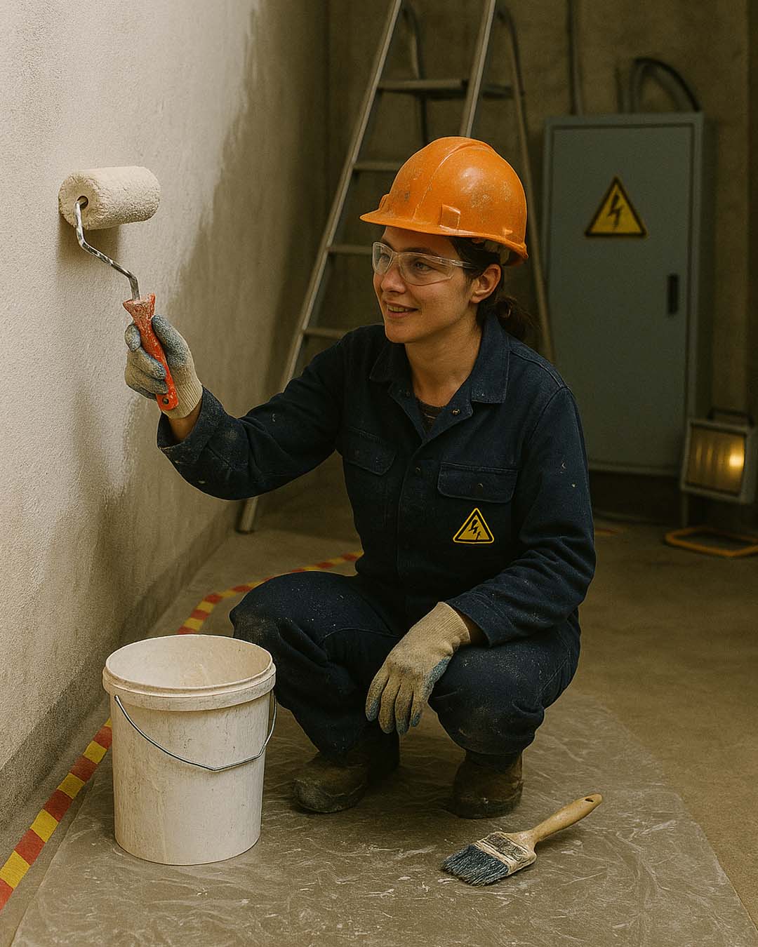 Ouvrière en EPI (casque, lunettes) peignant un mur, avec panneau de danger électrique en arrière-plan. Elle respecte la norme NF C 18-510 dans le cadre de l'habilitation électrique B0-H0-H0V