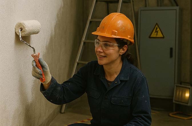 Ouvrière en EPI (casque, lunettes) peignant un mur, avec panneau de danger électrique en arrière-plan. Elle respecte la norme NF C 18-510 dans le cadre de l'habilitation électrique B0 H0 H0V