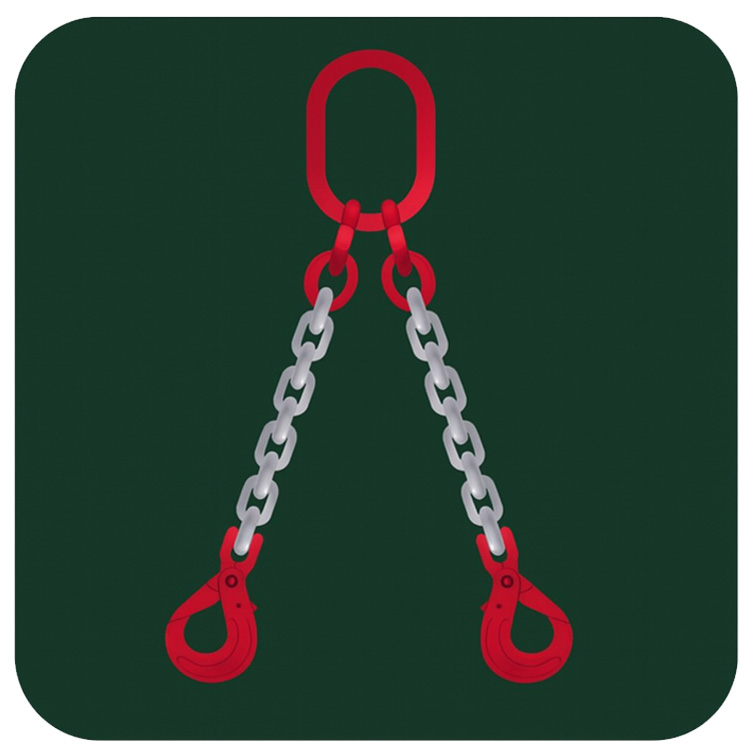 Élingue chaîne à deux brins avec crochets – accessoires de levage pour charges lourdes.