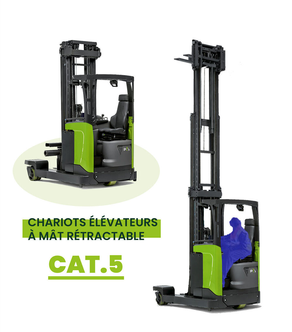 Chariot élévateur à mât rétractable catégorie 5 avec opérateur au sol