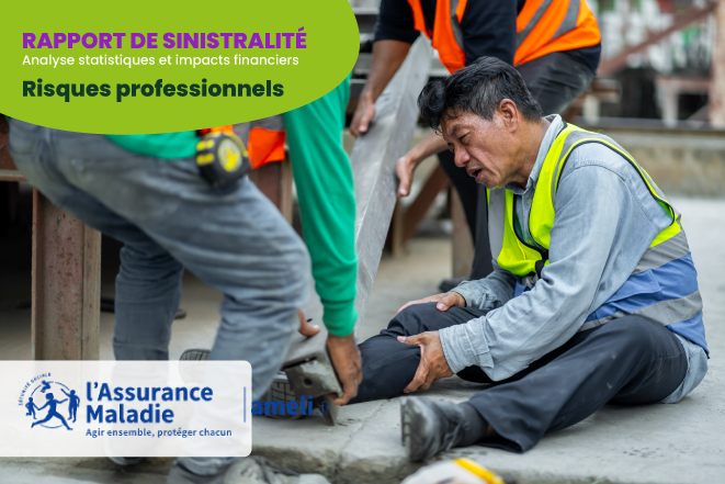 Accident du travail sur un chantier : un ouvrier blessé à la jambe assisté par ses collègues, illustrant les risques professionnels et la sinistralité