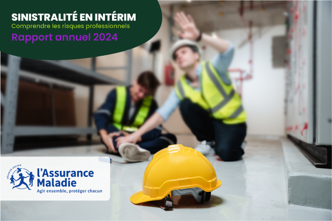 Accident du travail en intérim avec deux travailleurs équipés de gilets de sécurité, l’un blessé au sol et un casque de chantier au premier plan
