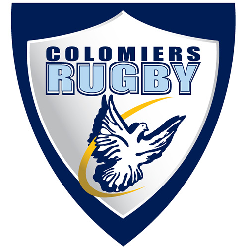 ogo Colomiers Rugby en forme de blason bleu et blanc avec colombe
