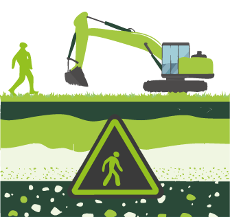 Excavatrice et piéton sur chantier à risque lié à la capacité portante du sol