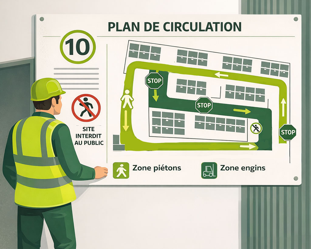 Plan de circulation en entrepôt avec zones piétons et chariots élévateurs