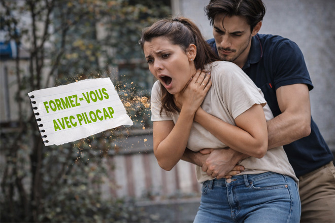 Femme victime d’un étouffement secourue par la méthode Heimlich avec message “Formez-vous avec PILOCAP